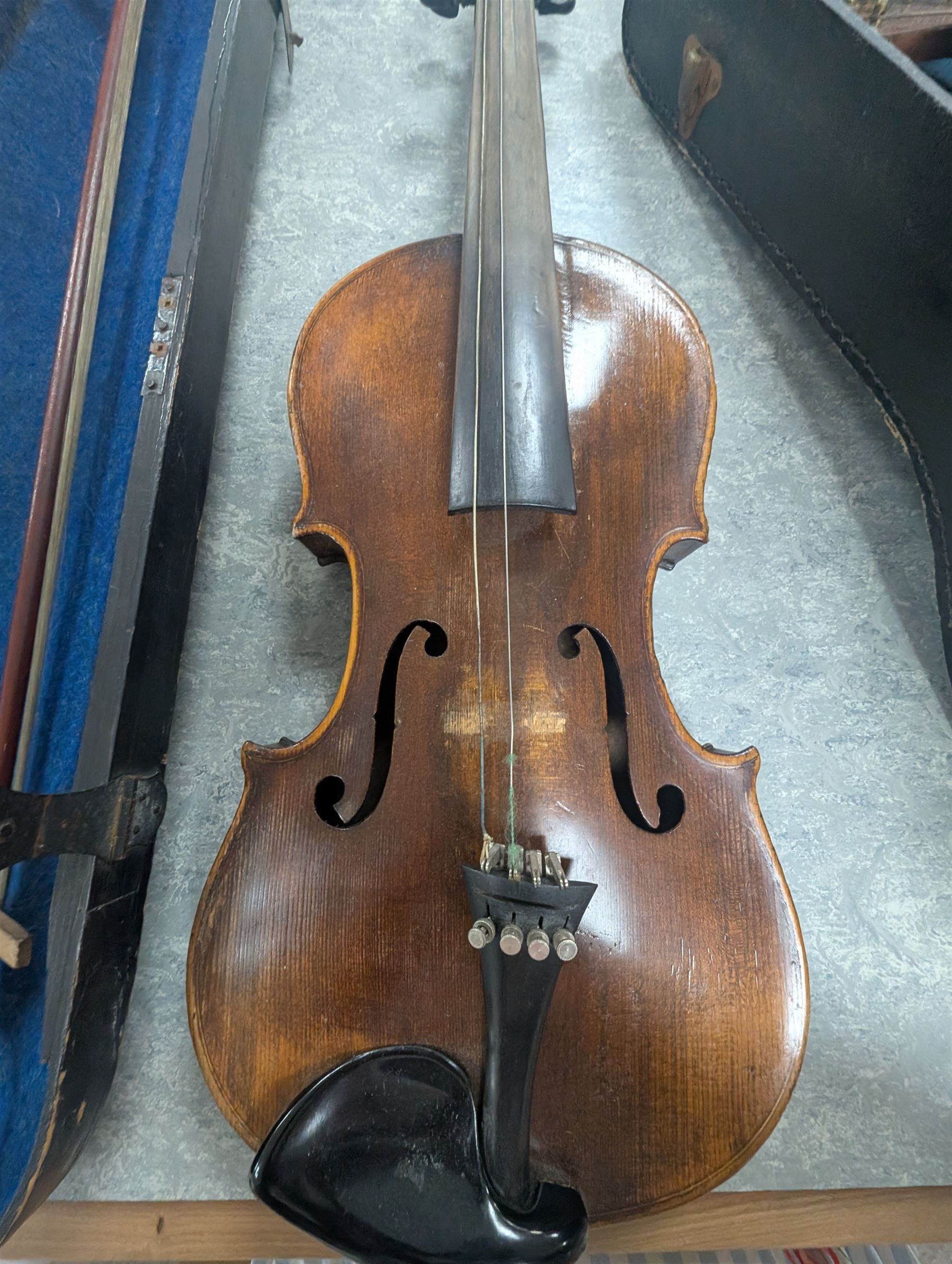 Two violins, including Excelsior example in coffin case and one with spurious William Duke label, and a Luigi D'Ancora mandolin