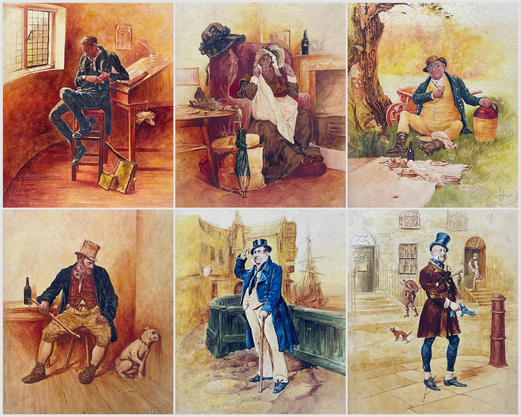Levenson T Johnson (British 19th Century) after Frederick Barnard (British 1846-1896): The Characters of Charles Dickens - 'Mr Micawber' 'Captain Cuttle' 'Uriah Heep' 'Mrs Gamp' 'Bill Sykes' and 'Mr Pickwick', set of six watercolours signed with monogram and dated 1903 or 1904, one inscribed verso 45cm x 29cm (6)