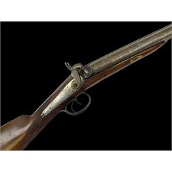 19th century 13-bore double barrel side-by-side percussion cap shotgun, the 72cm stub twist damascus barrels with ramrod under, walnut stock with chequered grip L117.5cm overall