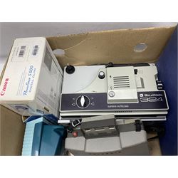 Collection of camera and equipment, to include Canon PowerShot S500, Cosmic 35, polaroid 320, etc, in two boxes  