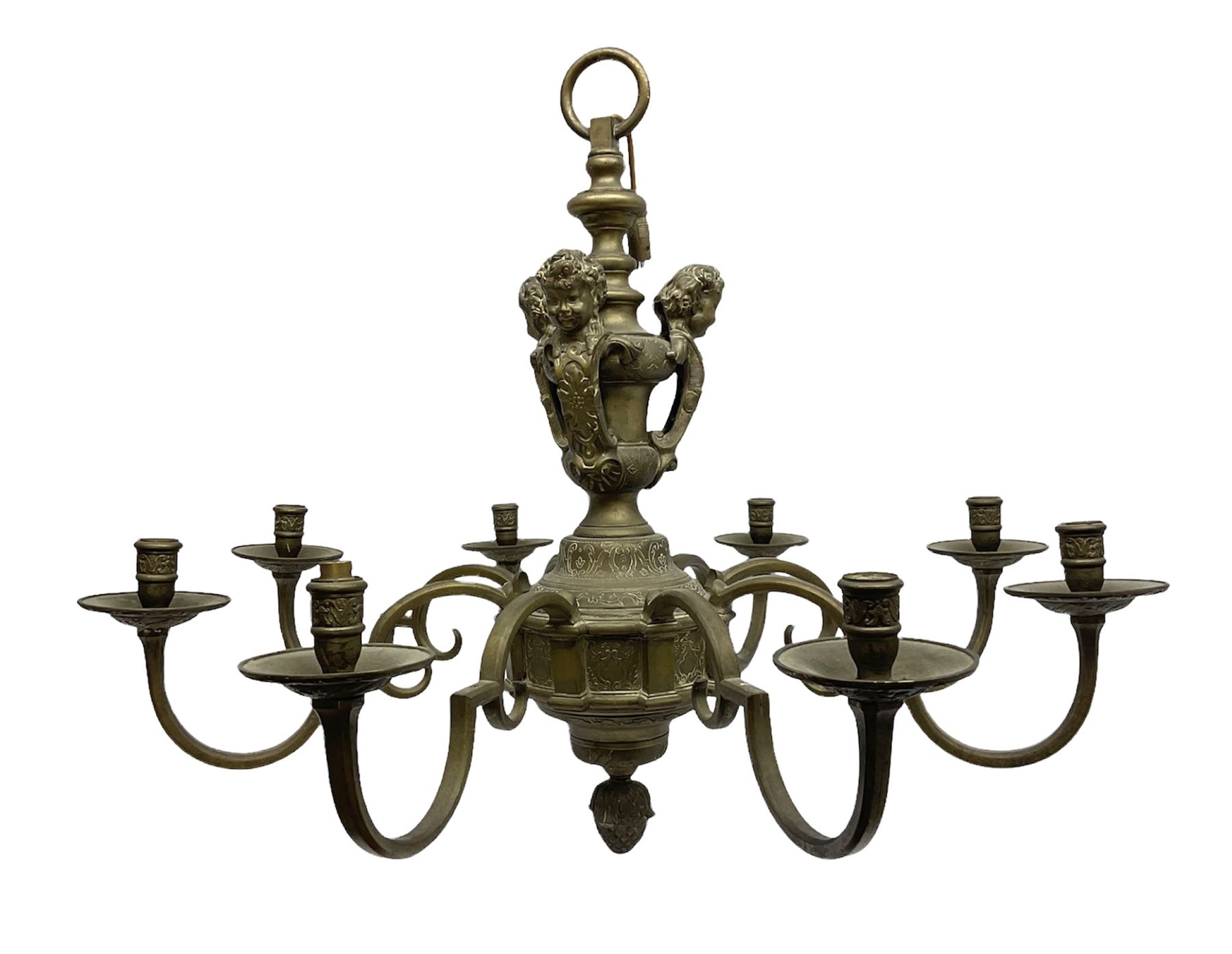 20th century heavy brass eight branch electrolier, detailed with putti masks, approximately H60cm W71cm