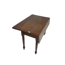 19th century mahogany drop leaf Pembroke table, fitted with single frieze drawer, on turned supports with brass and ceramic 