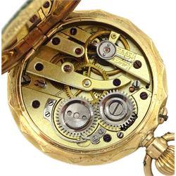 Early 20th century 14ct gold open face keyless cylinder presentation fob watch, white enamel dial with Arabic numerals, the back case with enamelled swallow and rose decoration, stamped 14K, with 9ct gold enamelled bar brooch stamped 9c