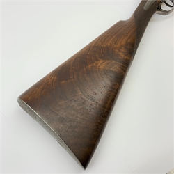 19th century J. Morrell of London 12-bore side-by-side double barrel hammer shotgun with Purdy thumbhole lever opening and back action lock, walnut stock and 76cm damascus barrels, No.1868, L119cm overall SHOTGUN CERTIFICATE REQUIRED