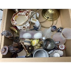 Two silver rings and quantity of ceramics and glassware to include Mason's Ironstone jug, brass oil lamp, tea wares, figures. other costume jewellery and misc etc in four boxes