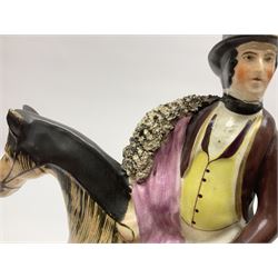 19th century Staffordshire figure of Robert Peel, titled 'Sir Robert Peel', modelled on horseback, atop an oval plinth base featuring a naturalistic and floral design, H30cm 