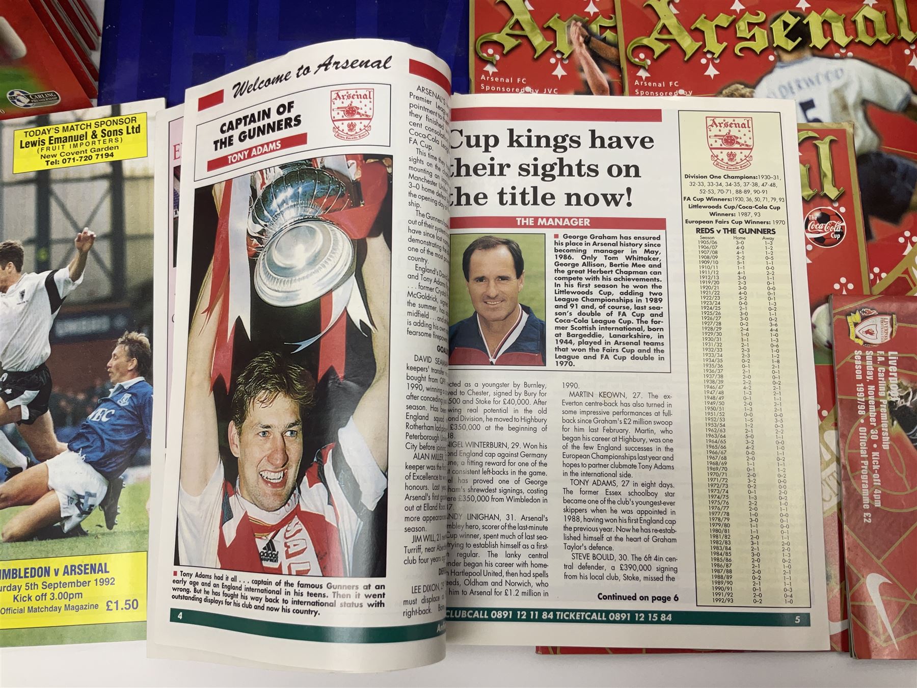 Quantity of mostly football programmes including Wimbledon vs Arsenal Saturday 5th September 1992, Arsenal FC vs Blackburn Rovers Saturday February 26th season 1993/94, Liverpool vs Arsenal Saturday 2nd October 1993, The F.A. Charity Shield Arsenal vs Manchester United 7th August 1993 etc