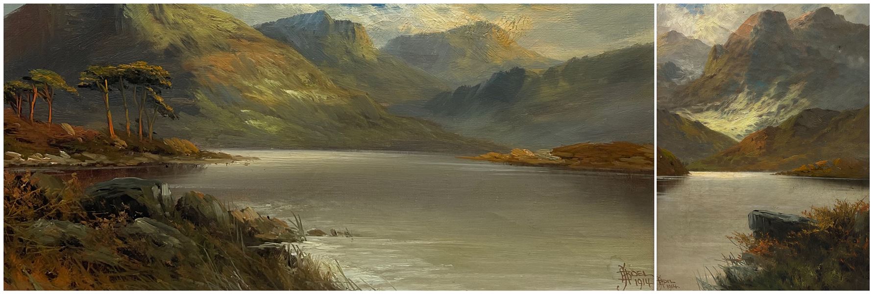 John Henry Boel (aka Francis Jameson) (British fl.1889-1912): Highland Loch Landscape, two oils on canvas signed and dated 1914 max 34cm x 24cm (2)