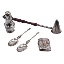 Group of silver, comprising 1930s pepper, of typical plain form, hallmarked Harrods Ltd, London 1938, together with an Edwardian vesta case, with engraved foliate decoration and monogramed rose gold shield cartouche, hallmarked G Loveridge & Co, Birmingham 1901, a pair of Victorian apostle top spoons, with pierced figural twisted stems, hallmarked Martin, Hall & Co, Sheffield 1864 and a modern silver candle snuffer with turned wooden handle, hallmarked R&D, Sheffield 2004