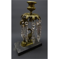  19th century gilt metal lustre candlestick, modelled as an Ostrich sheltering beneath a tree surrounded by eleven faceted glass drops, on rectangular marble plinth, L18cm x H30cm    