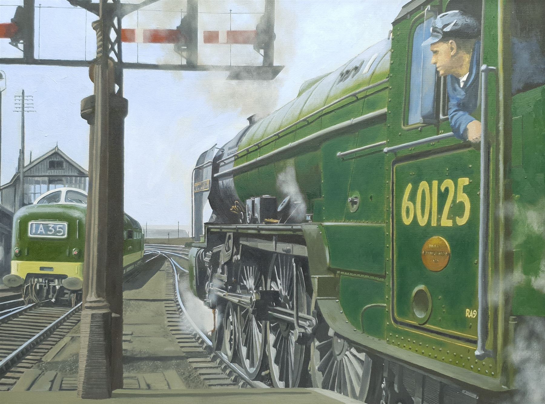 Brian Lister (British 20th century): Locomotive 'Scottish Union' 60125 Leaving Leeds Central Station, oil on board unsigned, label verso 50cm x 66cm