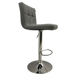 Pair contemporary bar stools, upholstered in grey, on polished metal base