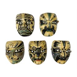 Five Japanese theatre / opera masks, the papier-mâché traditionally painted in the Noh Kabuki style, L18cm