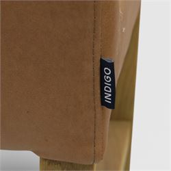 Modern large oak plank top dining table and twelve brown leather high back chairs, table of rustic construction five solid planks with exposed supports, the chairs in brown leather hide with ten standard height and a pair of taller chairs for the foot and head of the table