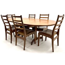 G-Plan teak oval extending dining table, shaped arched supports joined by single stretcher (Wcm, Hcm, Dcm) and set six matching teak ladder back chairs, leather seat, square tapering supports (W48cm)