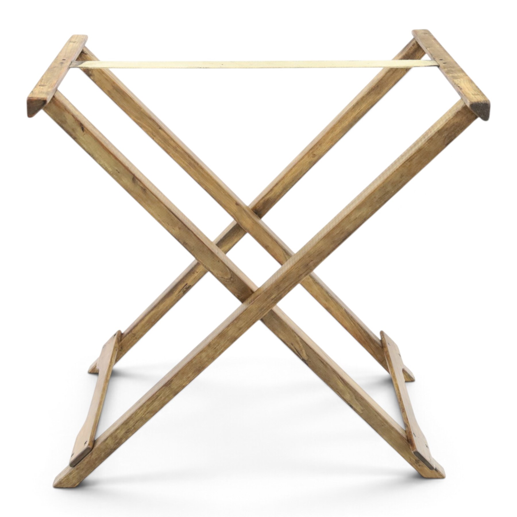 Champagne butler’s tray on stand, the wooden tray printed with champagne bottles and brand names, with cutout handles, raised on a folding stand