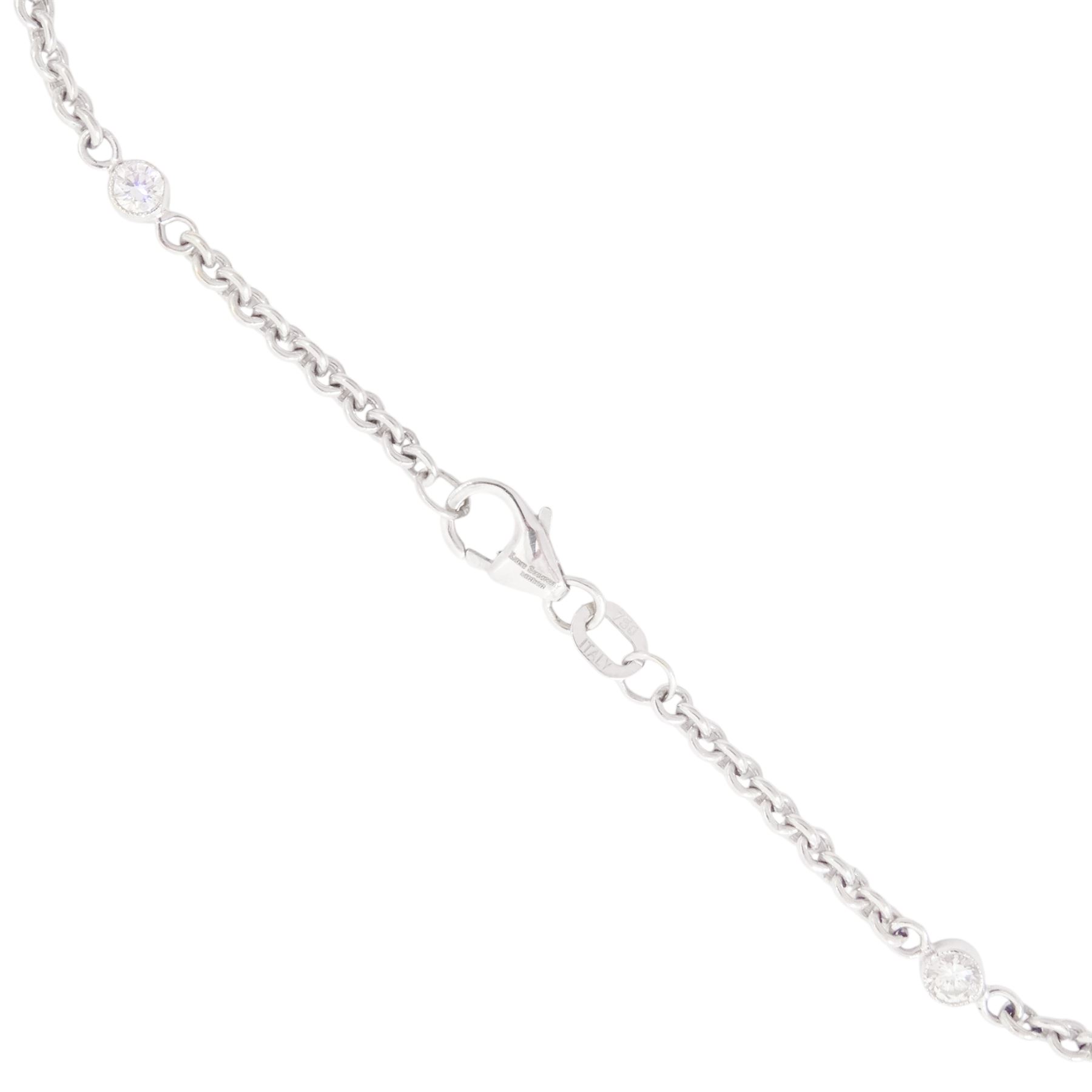 18ct white gold sapphire and diamond milgrain set necklace, oval cabochon cut sapphire surrounded by eight round brilliant cut diamonds and eight French cut sapphires, suspending from a diamond set leaf pendant, single round brilliant cut diamond and a larger old cut diamond, the chain set with six graduating cabochon cut sapphires, each surrounded by diamonds and spaced by a single diamond and a diamond set leaf, to a belcher link chain necklace, hallmarked, total sapphire weight approx 27.00 carat, total diamond weight approx 7.50 carat