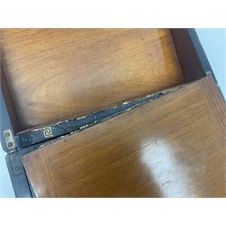 Victorian mahogany writing slope, the brass bound hinged cover opening to reveal tooled leather and gilt interior with two glass inkwells, together with a similar parquetry inlaid writing slope, with central mother of pearl inlay enrgraved 'Sarah', tallest H17cm 