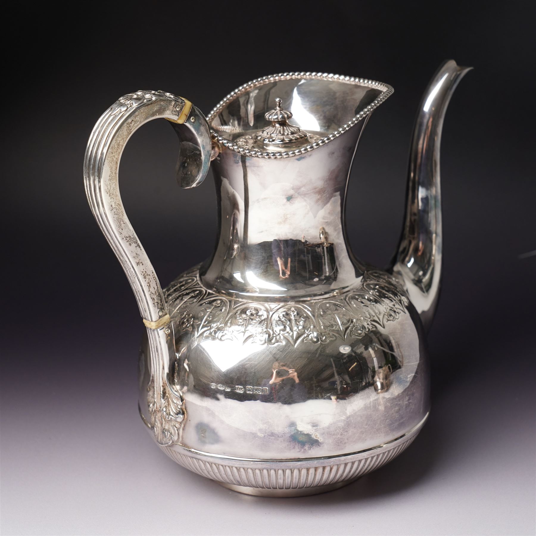 Edwardian silver four piece tea and coffee set with leaf capped handles and foliate banding Sheffield 1902-1905 Maker Richard Richardson