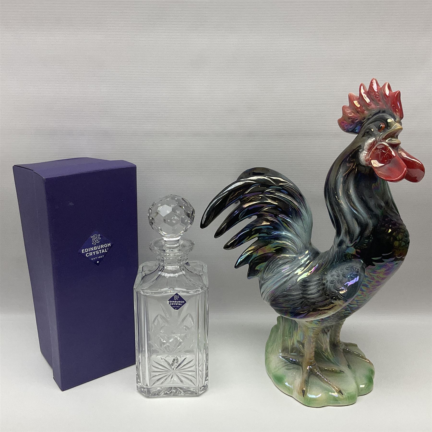 Nao figure of a lady '1042', commemorative Queen Victoria plate, pewter measures, Edinburgh crystal decanter with thistle decoration, Wood and Sons limited edition figure commemorating 150 years of the R.N.L.I numbered 321 of 5000 and a cockerel figure