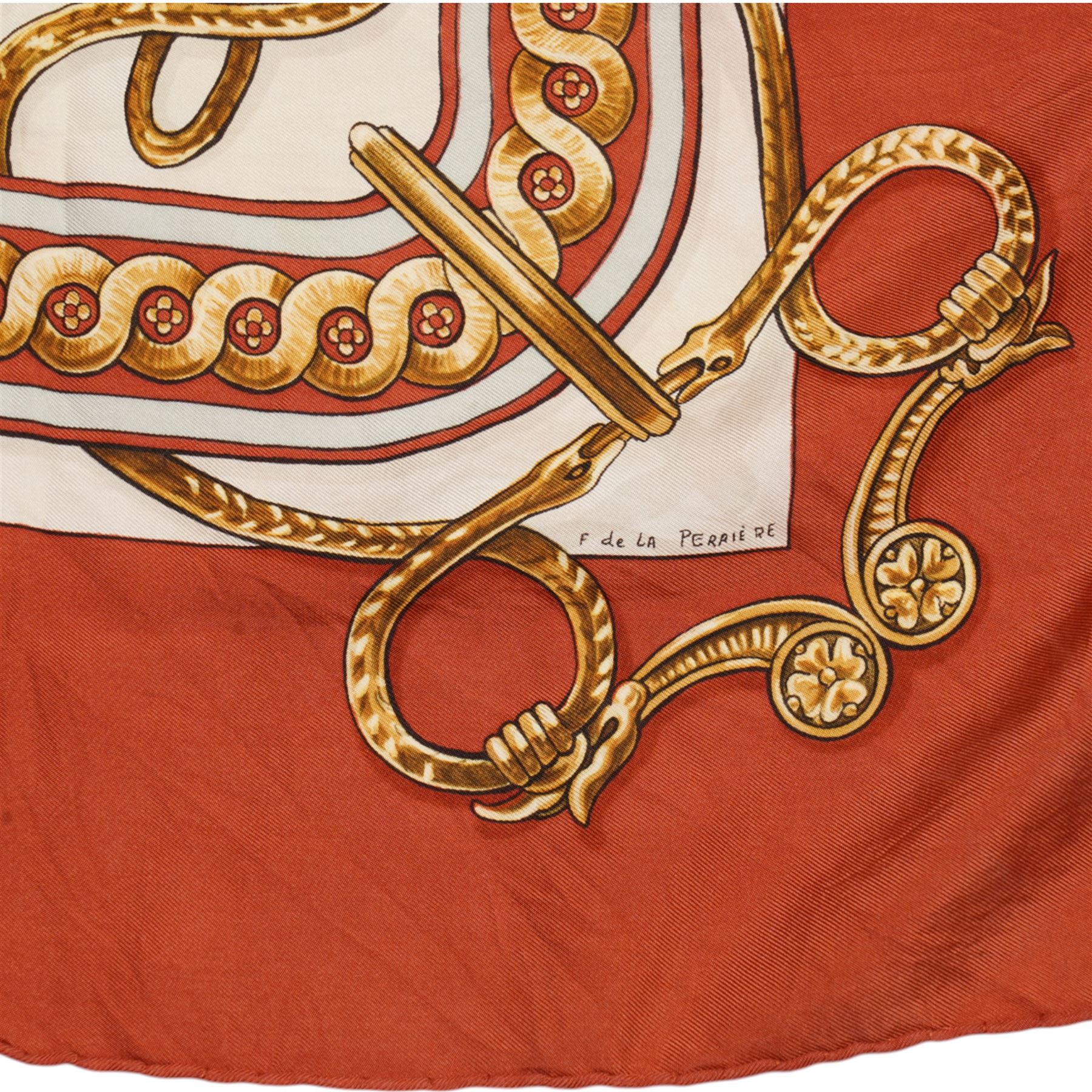 Hermes 'Brides de Cour' silk scarf, in red and gold colourway, designed by Francoise De La Perriere, 88cm x 86cm