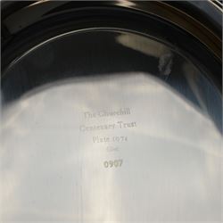 Limited edition silver filled The Churchill Centenary Trust plate, of circular form decorated in low relief with a portrait of Winston Churchill in 24ct gold, hallmarked John Pinches, London 1974, contained within wooden display frame with velvet interior, plate D20.5cm
