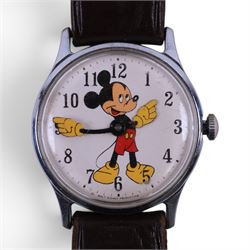 Walt Disney Production 'Mickey Mouse' stainless steel gentleman's manual wind wristwatch, on brown leather strap