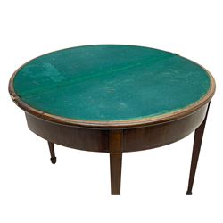 George III inlaid mahogany card table, demi-lune fold-over top with satinwood band and large fan motif, baize lined interior, double gate-leg action base, on square tapering supports with spade feet