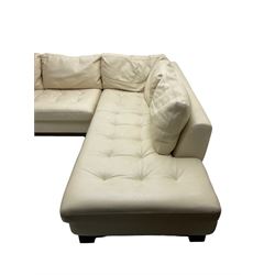 Roche-Bobois - large corner sofa, upholstered in ivory leather with buttoned seat cushions, raised on a stained beech base with bracket feet