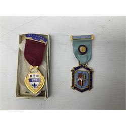Group of predominantly Masonic Jewels of Office, to include silver, and silver gilt and enamel examples, mostly 1950's and 1960's in date, etc. 