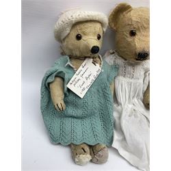 Six 1930s onwards teddy bears to include examples with jointed limbs, applied eyes and vertically stitched noses, tallest 50cm 