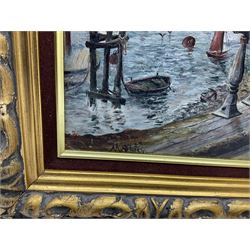 M Storey (British 20th century): Quay Side Scene, oil on board signed 50cm x 40cm