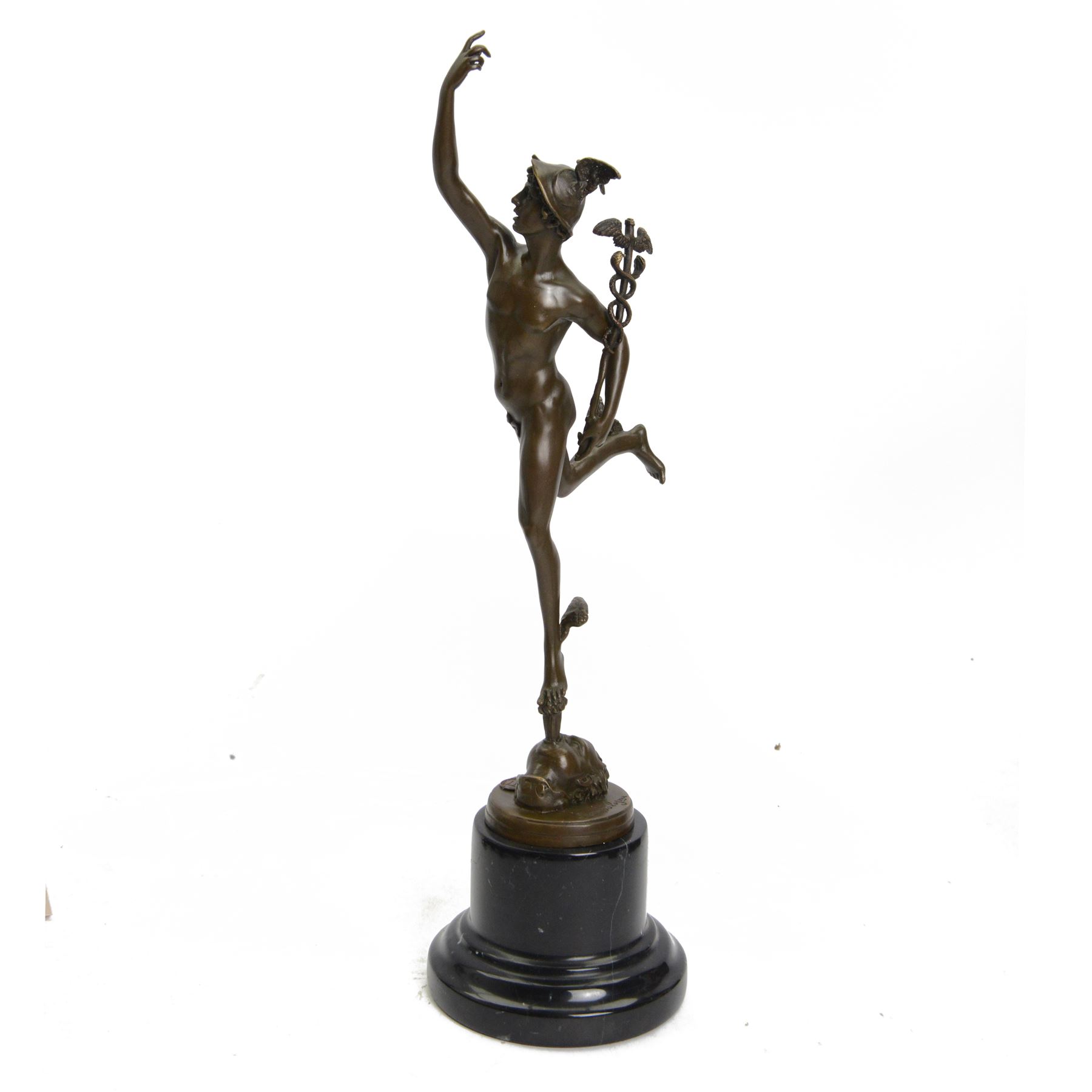 After Giambologna (Flemish 1529-1608): Bronze figure of Mercury holding a caduceus, on black marble base H43cm