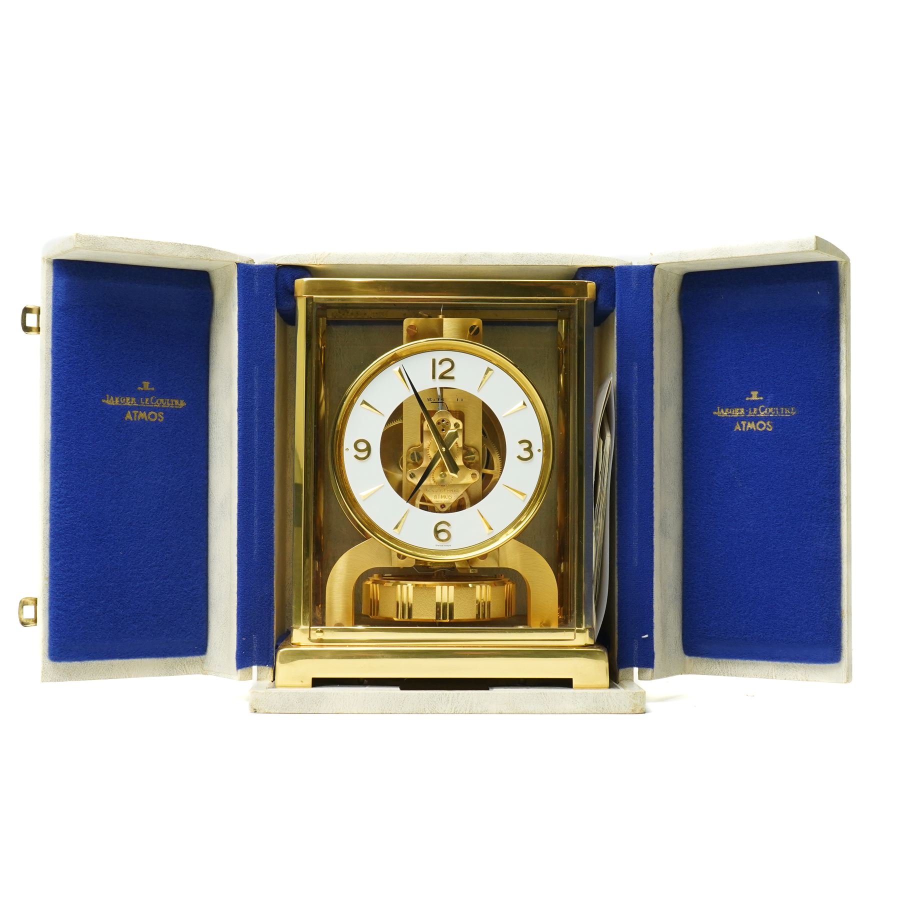 Jaeger- LeCoultre Atmos clock No.291241, with white dial in brass and five glass case and outer carrying case with instruction booklet and original receipt dated 1970 H22cm