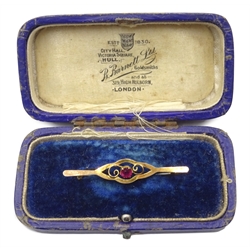  Victorian 9ct gold stone ring in seal style setting stamped 9ct, gold stone set bar brooch stamped 9ct and a silver stamp case by Crisford & Norris Ltd Birmingham 1915  
