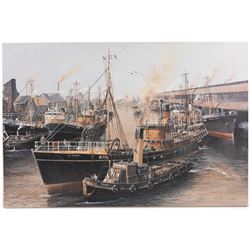 Adrian Thompson (British 1960-): The SS Gothic Docked in a Shipping Yard, oil on canvas signed 51cm x 76cm; together with another print (2) (unframed)