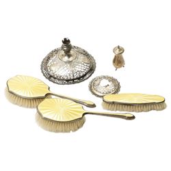 Part of a silver comport, silver pepperette and three piece silver and yellow enamel backe...