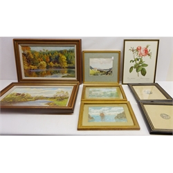  Collection of pictures including Rural Landscapes, oils signed by Margaret Peach, watercolours signed by Kenneth Robertson, Les Roses, prints after Pierre Joseph Redoute, 19th century engravings, max 30cm x 50cm (qty)  