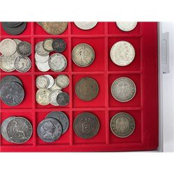 Coins, including George III 1806 penny, Queen Victoria 1844 and 1855 pennies, The Republic of China ten cash, United States of America 1844 one cent etc, housed in a Lindner coin tray