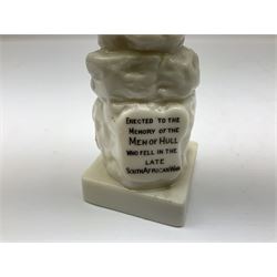 Royal Dux figure of a saluting soldier and Willow Art Crested ware Hull soldiers war memorial c1903 late South African war, tallest H19cm