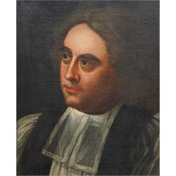 Irish School (Early 18th century): Portrait of 'Bishop George Berkeley (Irish 1685-1753)', oil on canvas unsigned, inscribed on label verso 43cm x 35cm
Provenance: direct from the family of the sitter through descent.
Notes: inscription verso reads: 'Born at Dysart Castle, Bishop of Cloyne. Great Irish Philosopher, amongst the earliest to maintain 'The Extreme Spiritualistic Theory'. Proposed there were no more grounds for doubting the existence of spirit than for denying the existence of matter.' 
The daughter of Bishop Berkeley, Arabella Berkeley, married the Irish politician Sackville Hamilton. 