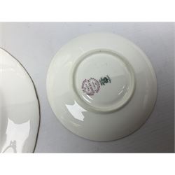 Coalport green batwing pattern tea wares, decorated with finely enamelled floral sprays within gilt reserves, comprising teacup trio, twin handled cake plate and side plate, pattern no Y2665, together with a Coalport for Harrods cup and saucer similarly decorated, the saucer with stamped mark beneath 'Manufactured for Harrods Ltd, Brompton Rd London', all with green Coalport AD 1750 marks beneath, largest W31cm (7)