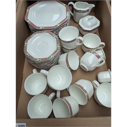 Villeroy & Boch Cheyenne pattern part tea service, pair of ceramic candlesticks, blue and white platters and plates, wooden stands etc