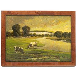 Paul Paul (Staithes Group 1865-1937): Cattle at Sunset, oil on panel signed 22cm x 31cm 
Provenance: from the artist's studio collection. Paul Politachi, born in Constantinople in 1865, was the son of Constantine Politachi (1840-1914), a merchant in cotton goods, and his wife Virginie. About 1870 the family came to England, and in 1871 Paul is listed as living at 4 Victoria Crescent, Broughton, Salford with his parents, two younger sisters Eutcripi and Emilie, paternal grandmother Fotine, a governess and a servant. In January 1887 he enrolled at Hubert von Herkomer's School at Bushey, where he presumably met fellow future Staithes Group members Rowland Henry Hill and Percy Morton Teasdale.

After his marriage to Marion Archer in 1896 he changed his name to the more Anglophone Paul Plato Paul. He exhibited at the Royal Academy ten times between 1901 and 1932. He was elected to the Royal Society of British Artists in 1903 and in that year exhibited 'The Old Pier, Walberswick' and 'The Road to the Village' in their winter exhibition. Two years later he was elected a member of the Staithes Art Club, alongside Teasdale. He died at 11 Bath Road, Bedford Park, Brentford, Middlesex on 23 January 1937, aged 71.