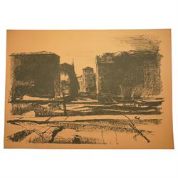 Pietro Annigoni OMRI (Italian 1910-1988): 'Venetian Impressions', set six monochrome lithographs on magnani paper signed and numbered in pencil with blindstamp, together with each original casing and text 50cm x 71cm (6) (unframed)