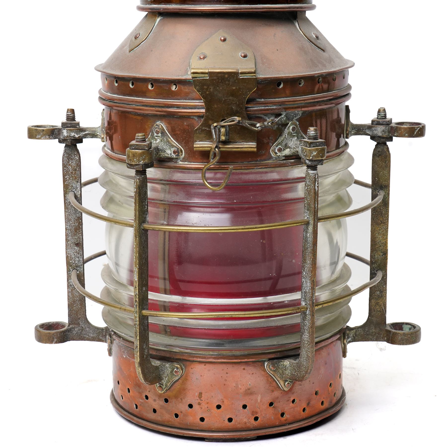 Large copper ships lantern 'Not under Command' by F & T Ross Ltd, Hull, with a plate inscribed 'Hull Fishing Vessel Owners Association Ltd No.731' and another plate inscibed 'S.T.Capel' H46cm
The S T Capel was a deep sea trawler launched in 1929, later renamed Arctic Hunter and used as a minesweeper in WWII