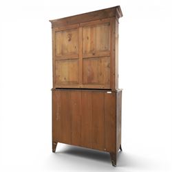 George III mahogany secretaire bookcase, the upper section with projecting cornice above astragal glazed doors, with three adjustable shelves, the lower section with secretaire drawer, fitted and with tooled leather writing surface, inlaid drawer fronts with brass handles, three graduating drawers below, raised on bracket feet