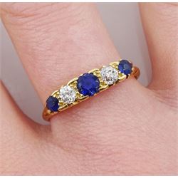 Early-mid 20th century 18ct gold five stone sapphire and diamond ring, stamped