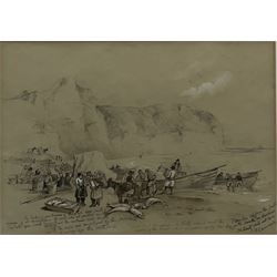 John Wilson Carmichael (British 1800-1868): Unloading the Catch South Landing Flamborough, pencil heightened in white with artist's annotations signed 25cm x 35cm 