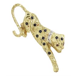 9ct gold sapphire, ruby and diamond leopard brooch, hallmarked